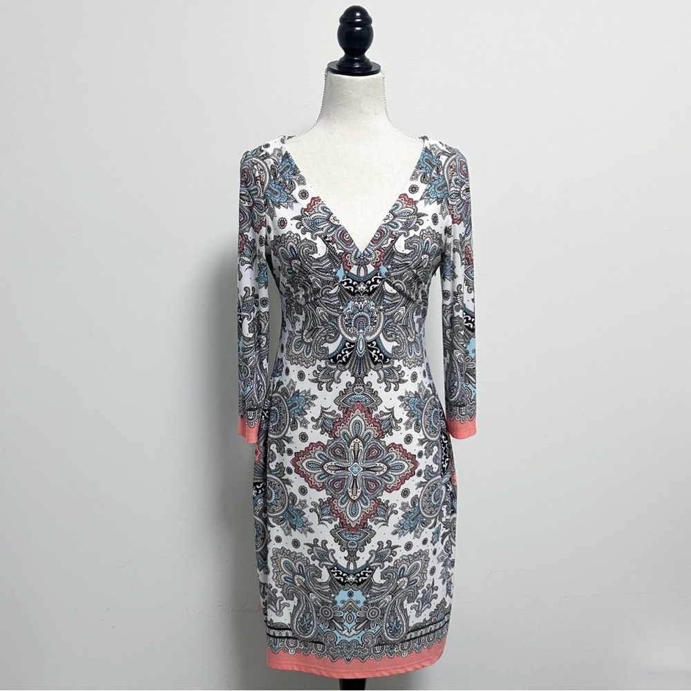 Boston Proper Ivory Black Peach V Neck 3/4 Sleeve Damask Print Sheath Dress 6